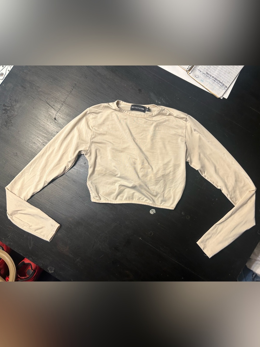 PrettyLittleThing Cream Cropped Long Sleeve Top with Tie Size 2